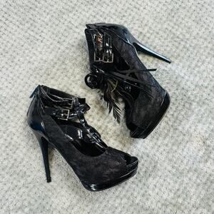 vintage black platform ultra high heels black lace/feathers strip style 2Lips2